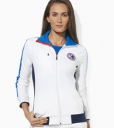 Rendered in durable stretch fleece for easy movement, Lauren by Ralph Lauren's full-zip jacket is a chic essential for active style in a bold, color-blocked design.