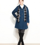 Be ready (and stylish) whatever the weather with London Fog's plus size raincoat. The streamlined silhouette and a coordinating plaid scarf give this topper plenty of flair.
