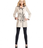 Faux-leather trim adds edge to this otherwise classic Kensie trench coat for a fashion-forward fall look!