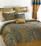 Utterly magnificent, this Buckingham comforter set makes a statement in any space with a lovely flourish pattern in shimmering gold and rich blue that perfectly complement each other. This comprehensive set comes with enough components to give your room a fantastic new look.