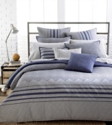 This Great Point duvet cover set from Tommy Hilfiger infuses your bedroom with distinctive style. A landscape of stripes and herringbone patterns play off of each other, creating a two-dimensional effect. Button closure.