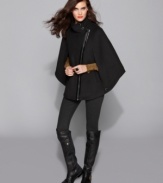 Chic and just a little bit daring, Via Spiga's patent-trimmed cape proves that you can keep warm in style.