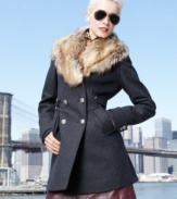 Keep your style even cooler than the weather with Betsey Johnson's double-breasted coat. Wear it with or without the luxurious, detachable faux-fur collar!