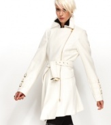 A sleek asymmetrical cut and cool metal hardware give Bebe's wool-blend trench coat an edgy look.