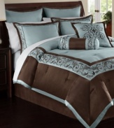 Color contrast. In a light blue and deep brown palette, this comprehensive Rosenthal comforter set offers a look of suite sophistication for your space with intricate embroidery and luxe jacquard woven fabric.