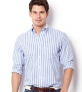 Make the transition from work to weekend with ease wearing this wide striped shirt from Nautica.