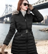 Buckle up for style with a belted puffer coat from DKNY. Princess seams, faux fur trim and sleek quilting create a chic, tailored look.