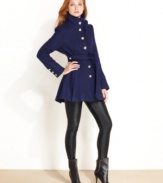 A little bit military-inspired, a lot chic: Bebe's flared wool-blend coat makes a striking impression all winter long!