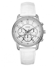 Crystals and a croc pattern up the ante on this chic white watch by GUESS. Crystals and a croc pattern up the ante on this chic white watch by GUESS.