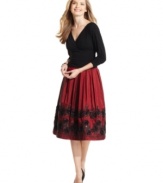 SL Fashions crafts a party dress featuring a flattering ruched waistline and a full, floral-embellished skirt.