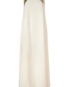 Make a bold statement in this stunning floor length gown from Raoul - High neckline with metallic leather detail, maxi length, asymmetrical hem, back keyhole - Wear with jeweled platform pumps, drop earrings from Alexis Bittar, and a statement clutch