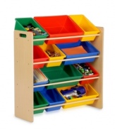 Play on! The perfect solution to bring order to the big, busy world of your little ones. Twelve colorful bins of varying sizes add a bright addition and make organizing fun, quickly tidying up a very lived-in space. Bins easily remove from shelves to make clean-up time fast and hassle-free. Limited lifetime warranty.