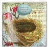 Richly patterned Fringe glass tray with antique bird's nest image and vintage musical note pattern.