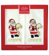 Inspired by classic Lenox holiday patterns, this set of two finger tip towels features St. Nick making his list and checking it twice and a gold lettered sentiment of the season: Cheer. Set comes in a red Lenox box, making it perfect for gifting.