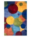 Abstract and absorbing, this rug features a multi-circle pattern in sage, yellow, several shades of blue and burgundy. Reminiscent of beautiful modern art paintings, it adds striking modernity and grace to your home.wool.