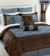 A luxurious landscape of embroidery and a contrasting light blue and brown palette sets a sophisticated tone in your space with this comprehensive Francesca comforter set.