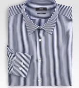 Bold stripes appoint a classic dress look in slim-fitting cotton. Buttonfront Moderate spread collar Cotton Dry clean Imported 