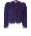 Rock n roll style is effortlessly achieved in this ultra-luxe shaggy fur and leather jacket from Etro - Purple-hued shaggy fur, cropped silhouette, leather detailing at shoulders - Style with a slim fitting top, high-waisted jeans, and sculptural platform pumps