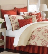 Inspired by lush Asian florals, this Flowering Lotus comforter set from Martha Stewart collection offers an elegant look for your bedroom in a soft cream and romantic red color scheme. Ornate decorative pillows bring texture to the set while shams and bedskirt finish this beautiful look.