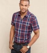 Get fit this summer with this slim plaid shirt. As part of the Tommy Hilfiger Indigo Collection, it's an instant casual classic.