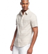 Let the summer sizzle. You'll stay cool and in style with this short-sleeved shirt from Perry Ellis.