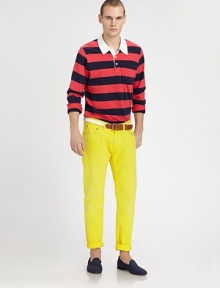 A casual favorite that never goes out of style, in a boldly-striped cotton knit with contrasting collar and cuffs.Three-button placketChest patch pocketCottonMachine washImported