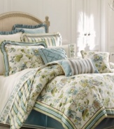 Inspired by the Greek Island of Corfu, this Croscill comforter set features a lush, floral landscape on luxurious jacquard fabric. Soft hues evoke a traditional Mediterranean feel, and mitered corners and twist cord trim complete the look.