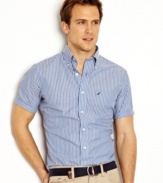 Hide your hatred of the iron with the preppy polish of this wrinkle resistant pinstripe shirt from Nautica.
