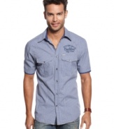Pop some plaid into your summer style with this shirt from Marc Ecko Cut & Sew.