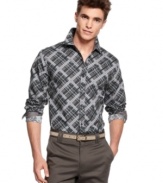 Plaid perfection. Dress up your casual Friday look with this shirt from Sons of Intrigue.