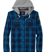 Button up this Either Or plaid shirt from Ecko Unltd and when it gets cold you can throw on the attached hood.