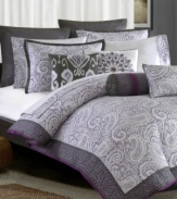 A purple paisley border offers a touch of color and style to these pure white 300-thread count cotton sheet sets. The pattern coordinates with the comforter and shams of the Marrakesh bedding collection.