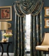 These J Queen Savannah window panels are reminiscent of a garden at sunset. An array of floral arrangements bloom over a dark backdrop to evoke comfort & tranquility.