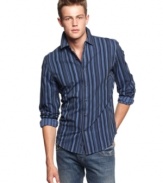 Bold, sporty, and sexy is this long sleeve fitted vertical stripe shirt by Vintage Red.
