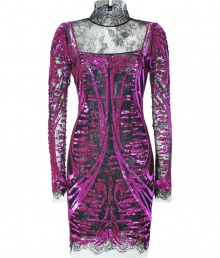Make a stunning after-dark debut in Emilio Puccis radiant sequined lace dress, immaculately crafted with sheer lace and flashes of fuchsia for high-octane results guaranteed to make an impact - Stand-up collar, long sleeves, zippered cuffs, slit and button closures at the nape, back zip, unlined, form-fitting - Team with jet black stilettos and a statement box clutch