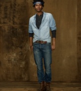 A two-toned chambray shirt, lighter at the front, is washed for a soft feel and vintage appeal.