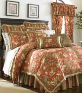 Capture the splendor of European decor with the Castille comforter set from J Queen. A backdrop of rich, warm hues and bold floral patterns serve as the focal point, while multicolored stripes add a contrasting effect. Sophisticated pleats, flanged edges and piping accents perfect the upscale look.