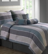 Sumptuous stripes. This jacquard woven Essex comforter set boasts bold stripes and luxuriant texture in sleek hues. Comes complete with coordinating shams, European shams and decorative pillows for a dramatic appeal. A solid bedskirt finishes this timeless look.