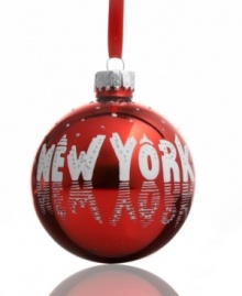 Have a New York ball. In shiny red with snow-white text and silver glitter dots, this cheery ornament celebrates the big city's busiest season. Have a New York ball. In shiny red with snow-white text and silver glitter dots, this cheery ornament celebrates the big city's busiest season.