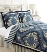 Refresh, renew, relax! Offering a fresh twist on traditional style, Martha Stewart Collection's Indigo Damask duvet cover set blends a floral damask pattern with tailored stripes for a look that ultimately inviting.