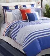 Tommy Hilfiger's nautical-inspired European sham features broad blue and white stripes and red trim for a look of coastal charm.