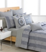 Featuring menswear-inspired stripes in slate blue and charcoal on a crisp white cotton ground, Sean John's Ibiza sheet set brings a look of polished sophistication to your bed. Self hem.