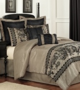 Dress up your bed with the beauty of intricate lace and an appeal that's nothing less than dramatic. The Lucile Lace comforter set brings elegance home with glamorous flocked lace and striking solid accents, all in a rich taupe-and-black palette.