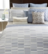 Expect the unexpected with this Gradient comforter from Hotel Collection, featuring a rectangle pattern that disperses as it moves up from the foot of the bed. Soft silver, platinum and charcoal hues are accented with shades of blue. Wrinkle-resistant finish.