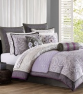 The Marrakesh comforter set from Echo translates this traditional Moroccan-inspired look for the modern bedroom. A white Damask pattern creates a soft focal point over lavender while a slate gray print borders the duvet cover and shams with alluring precision. Comforter and shams reverse to a subtle gray Damask for a unique design alternative.