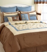 In bloom. Embroidered flowers swirl across this Fleuretta comforter set in a soft palette of brown, yellow and blue. Shams and decorative pillows feature ornate tassel accents. Comes complete with everything your need to transform your space into an elegant garden hideaway.