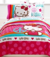 Give peace a chance with the Peace Kitty comforter set. This inspiring bedding features the cute-as-ever Hello Kitty and stylish, psychedelic graphics that deliver a message of peace and love. Flip the pink comforter over for a new look featuring groovy 60's lettering.