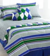 Patterns of argyle and stripes pack a preppy punch with the Kent reversible comforter set. The geometric printed sheeting, comforter, shams and even decorative pillows each reverse to create a multitude of fresh, exciting looks. A palette of green, blue, gray and white grounds the look with playful distinction. (Clearance)