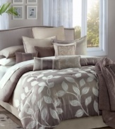 Neutral territory. Tones of mauve, gray and creamy beige work together for a look that's nothing less than sophisticated in the Angelica comforter set. This comprehensive set brings a decorator's touch to your room with its jacquard comforter in a modern leaf design, coordinating decorative pillows and cozy quilt.