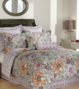 A garden of dreams. Whimsical flowers and fanciful butterflies charm the Eliza comforter set with a decidedly artistic sensibility. A patterned bedskirt, European shams and the comforter reverse accent this carefree set with pops of cool color. What's more, you can flip the comforter to create a new look!